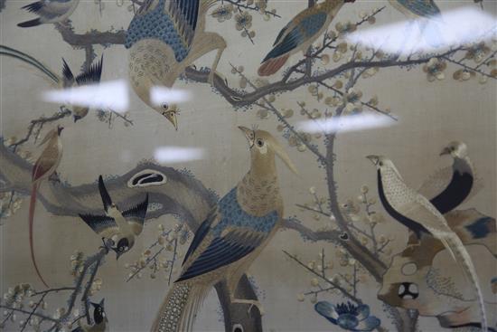 A good Chinese Canton embroidered silk bird panel, late 19th century, 113cm x 74cm, in a gilt faux bamboo frame, discoloured